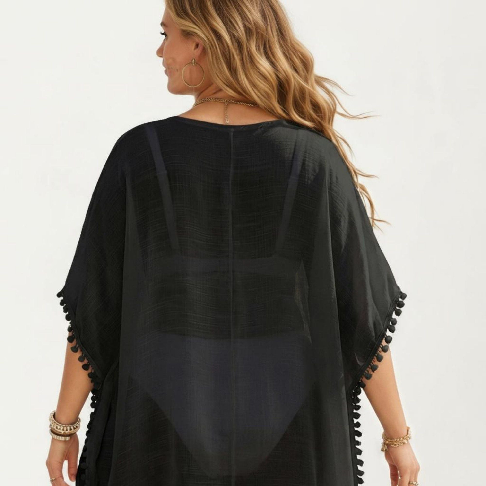 Anna-Kaci Women's Swim Cover Up Dress with Crochet Cutout Neckline Pom Trim Hem Loose Short Sleeves Relaxed Fit