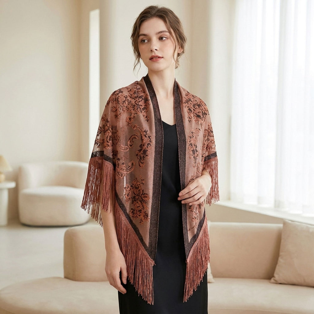 Triangle Shawl Scarf with Floral Jacquard and Fringe Trim