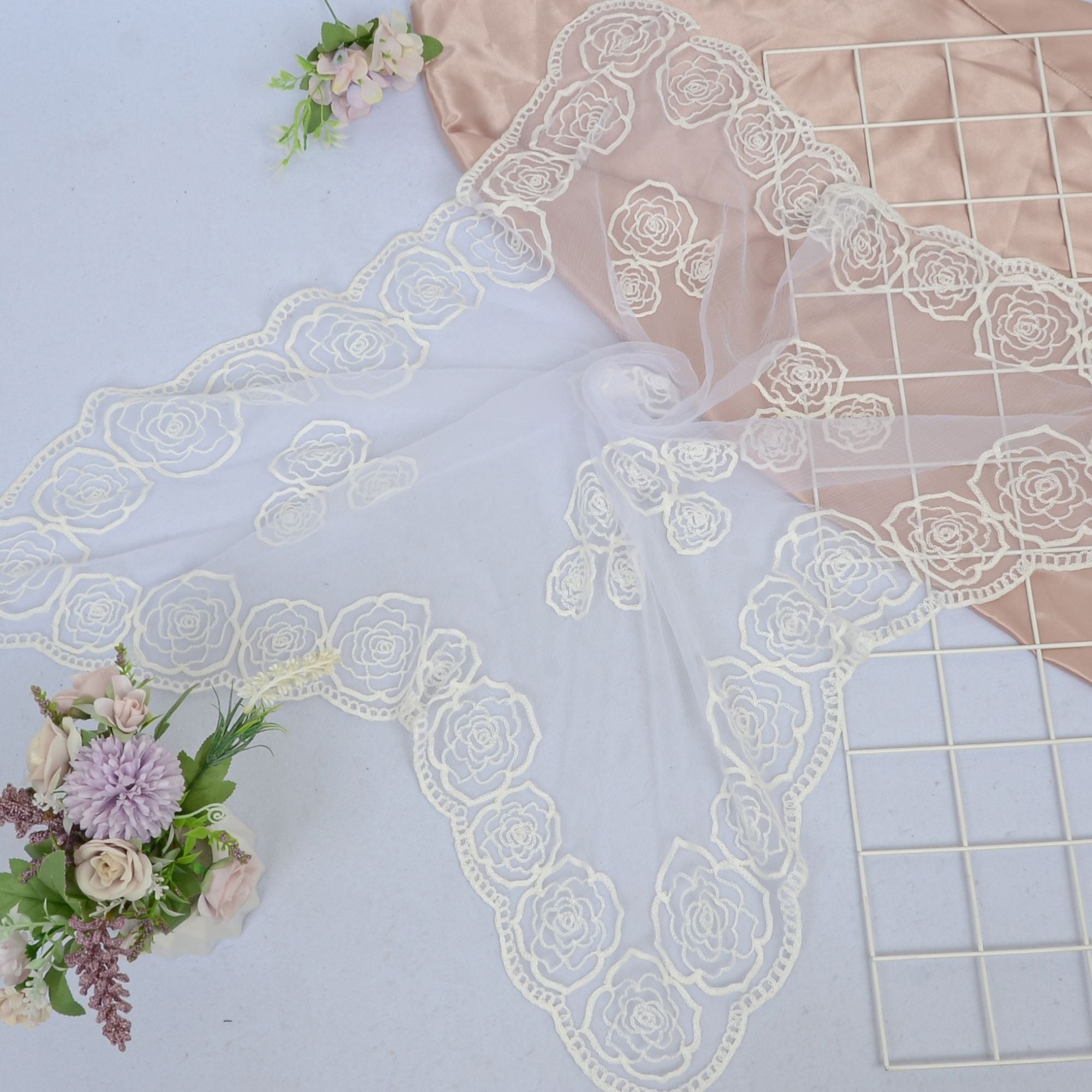 Anna-Kaci Women's Sheer Lace Neck Scarf with Embroidered Rose Floral Edging and Scalloped Trim Detail