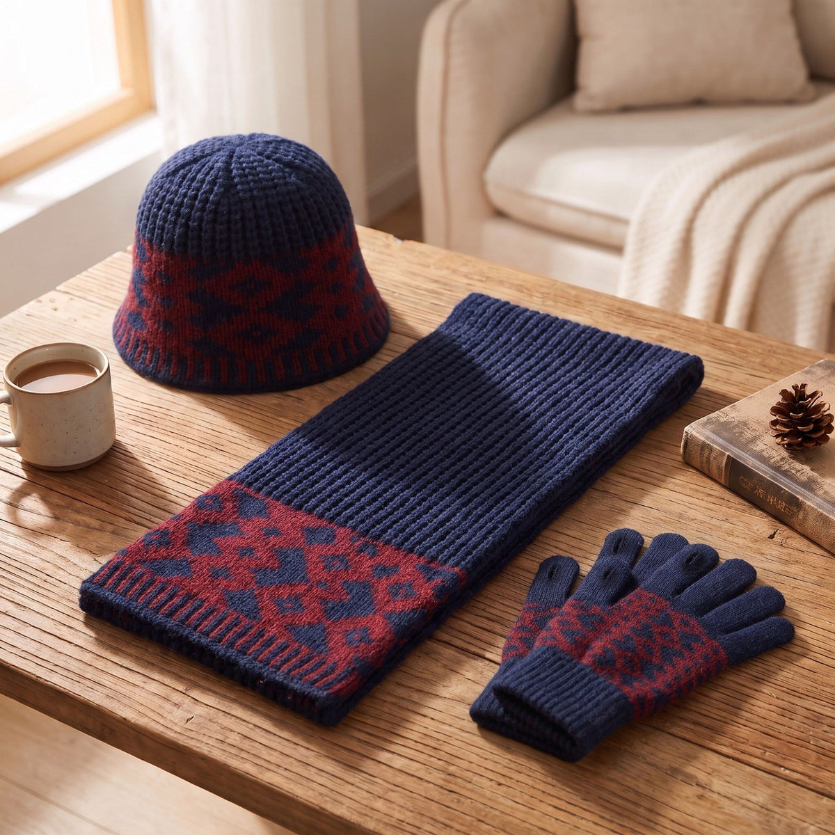 3 Piece Knit Winter Hat Scarf and Gloves Set with Geometric Pattern
