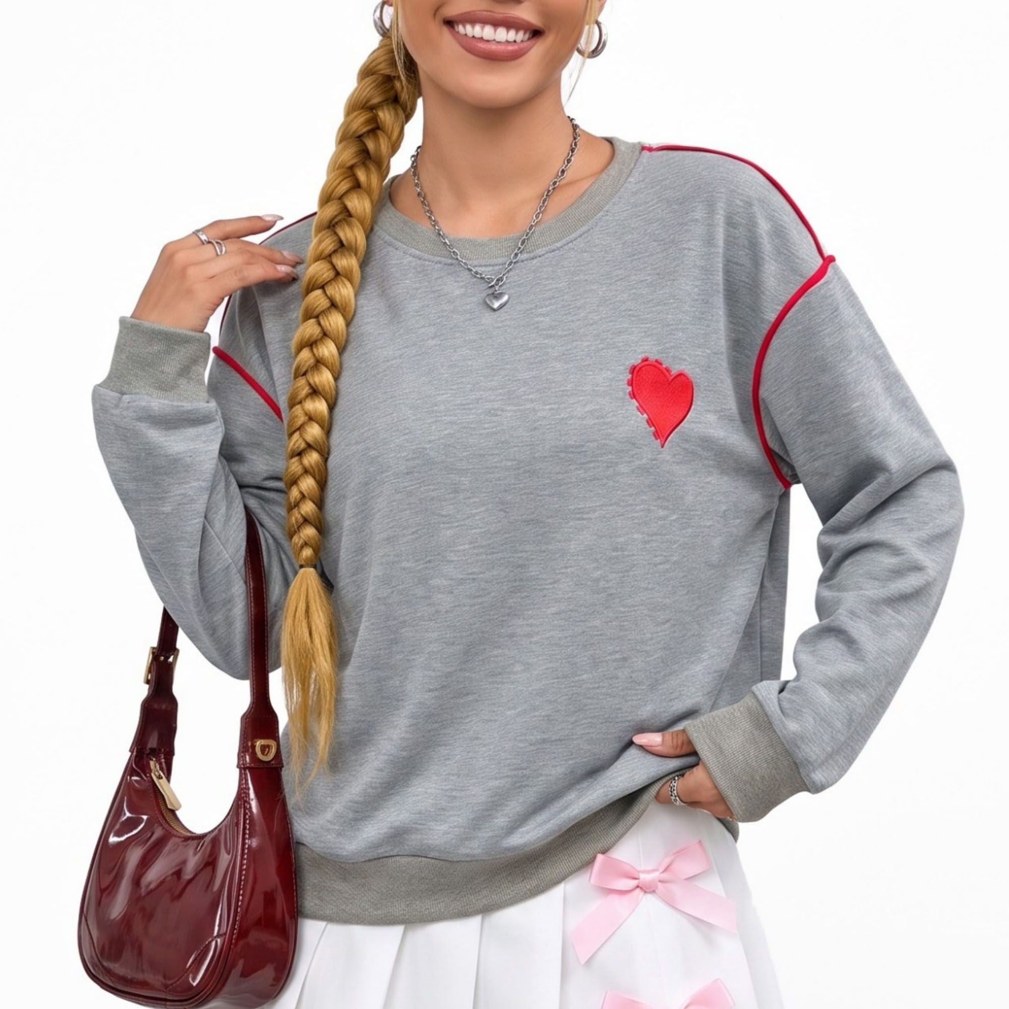 Heart Patch Crew Neck Contrast Trim Relaxed Sweatshirt