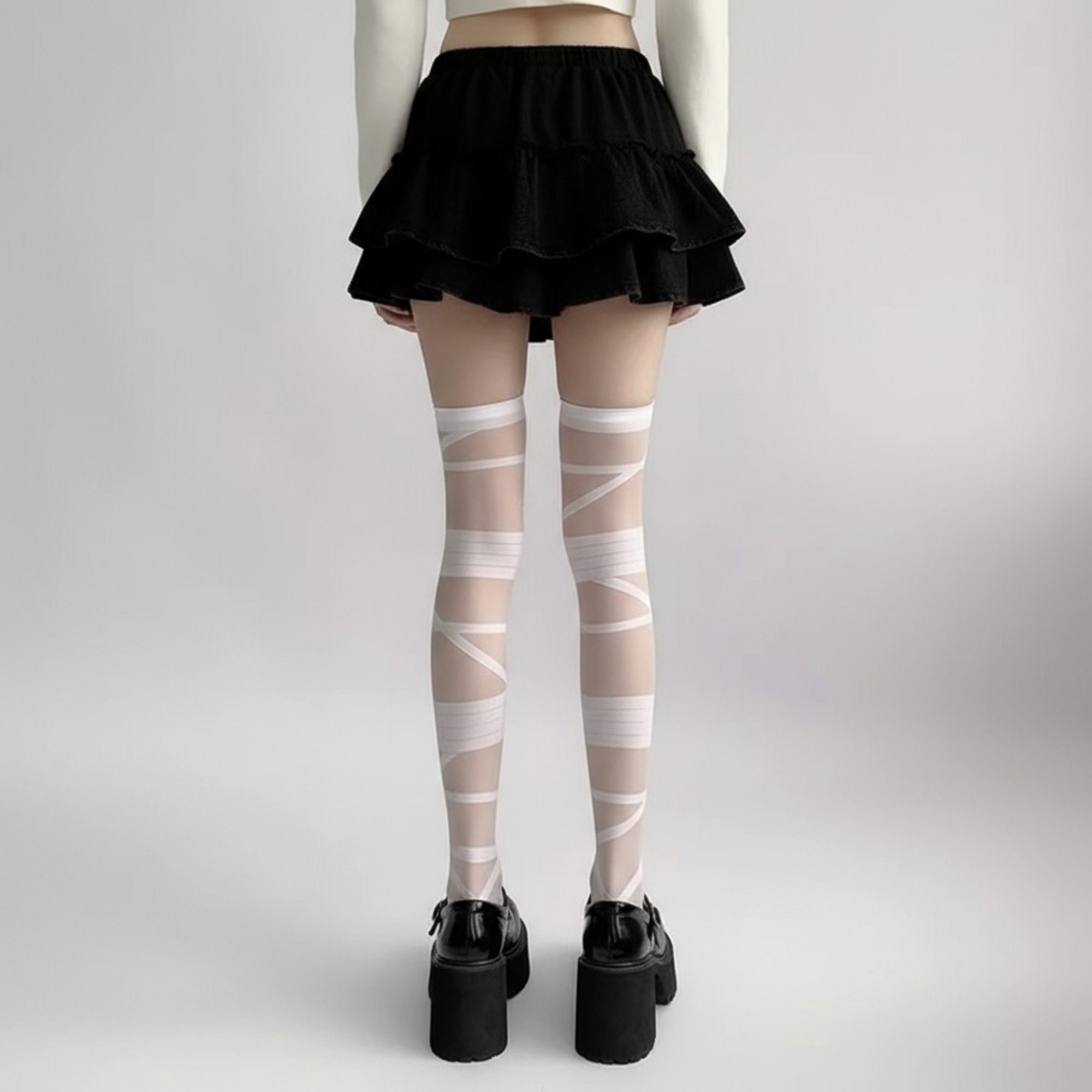 Anna-Kaci 2pcs Women's Sheer Tights with Wrapped Ribbon Illusion and Gothic Layered Design