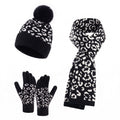 3 Piece Leopard Print Pom Beanie Scarf and Touchscreen Gloves Set