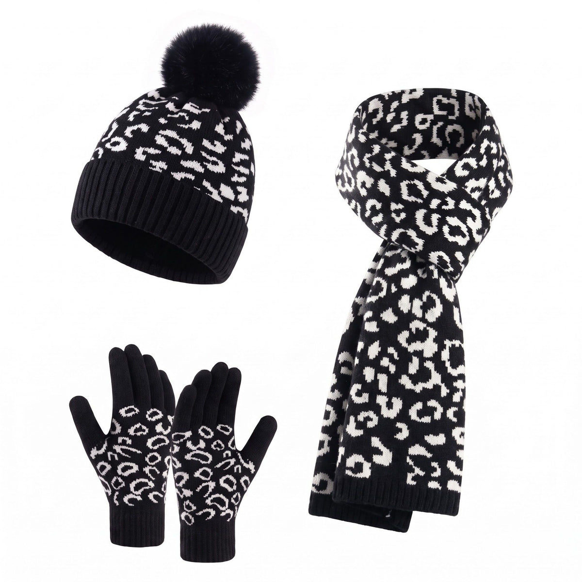 3 Piece Leopard Print Pom Beanie Scarf and Touchscreen Gloves Set