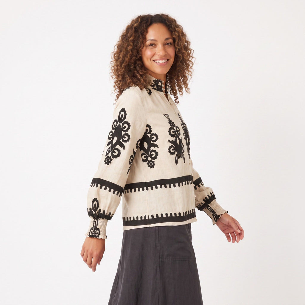 Printed Button Front Blouse Ruffle Stand Collar Long Sleeve Relaxed Fit Top
