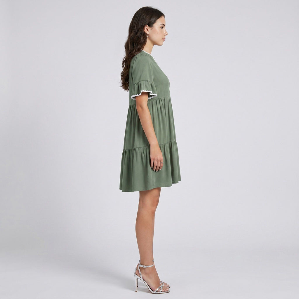 Lace Trim V-Neck Flutter Sleeve Tiered Mini Dress with Gathered Waist and Flowy Relaxed Silhouette