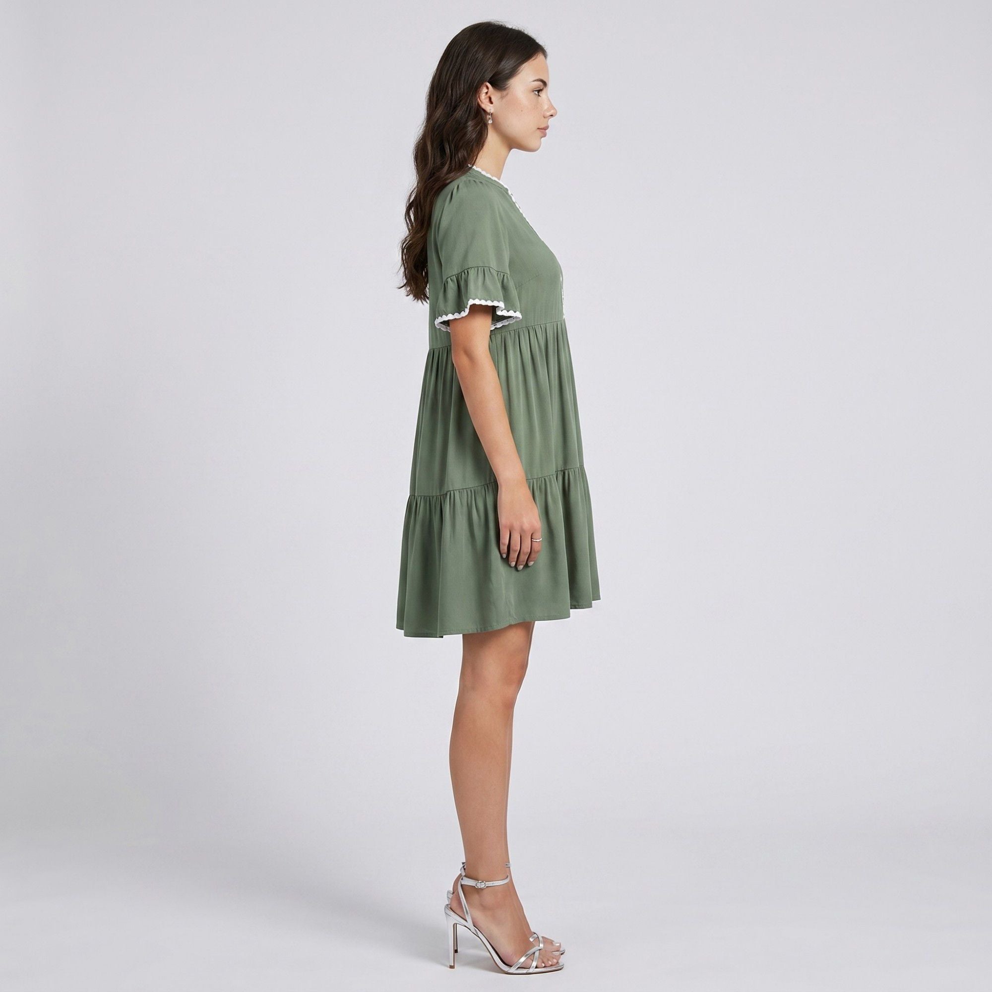 Lace Trim V-Neck Flutter Sleeve Tiered Mini Dress with Gathered Waist and Flowy Relaxed Silhouette