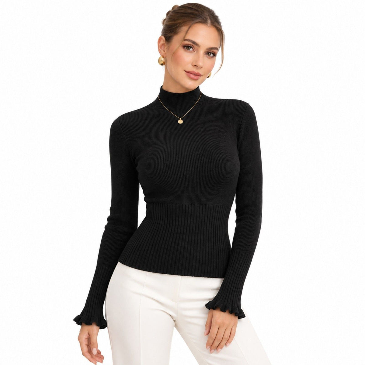Mock Neck Ribbed Knit Long Sleeve Slim Fit Pullover Sweater