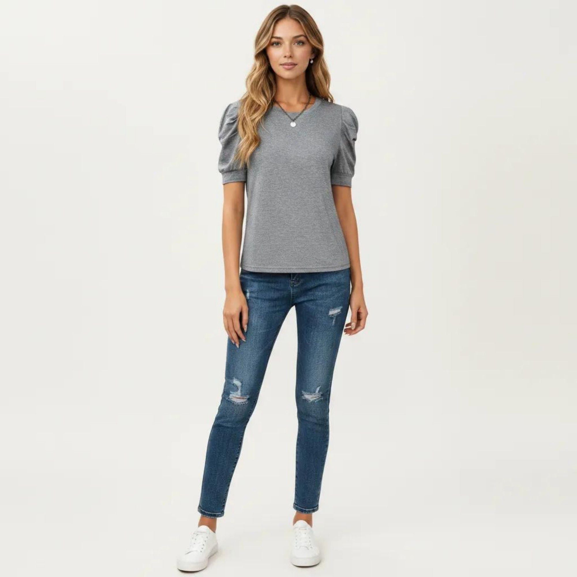 Anna-Kaci Women's Short Sleeve Puff Sleeve Knit Top with Crew Neck and Soft Textured Fabric