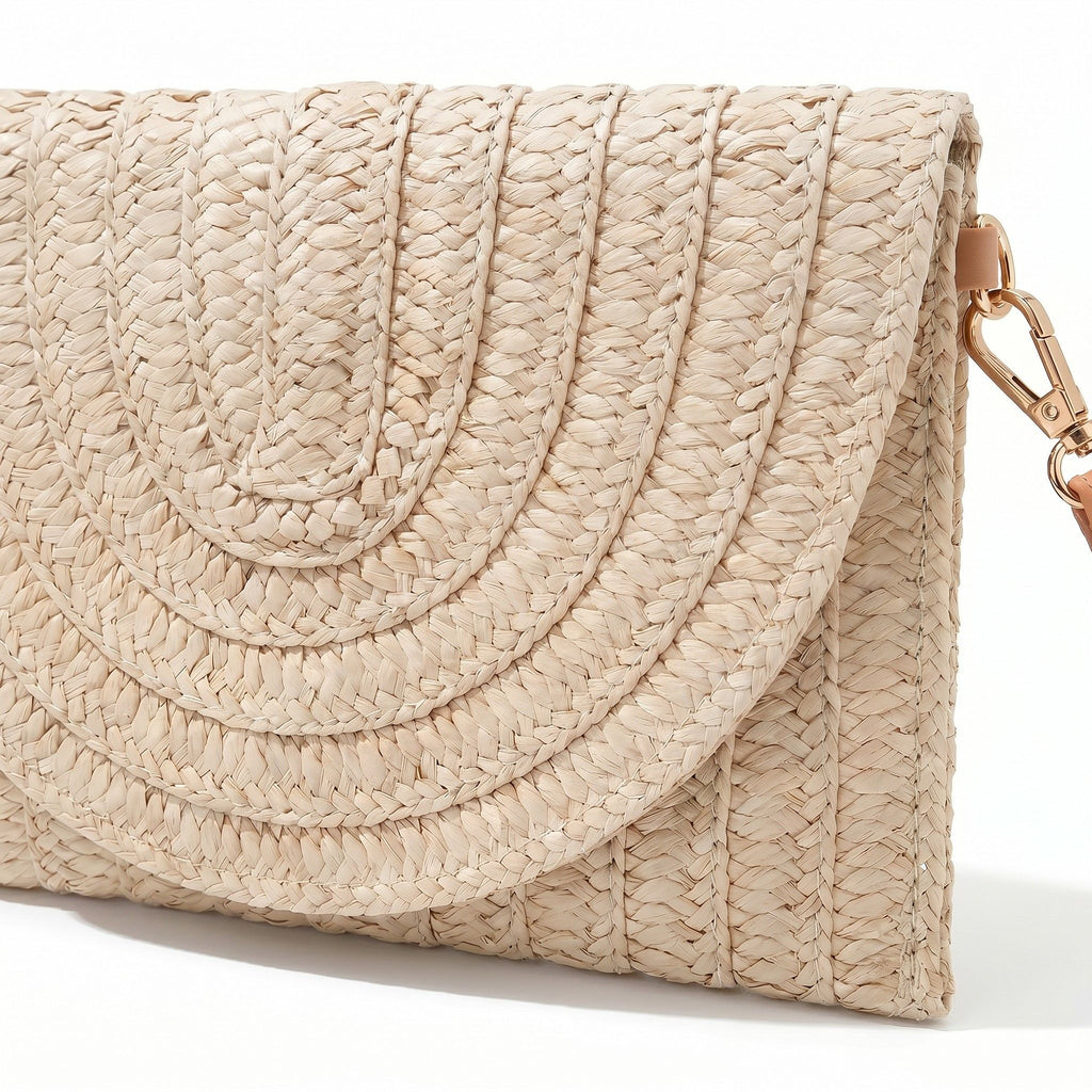 Woven Straw Crossbody Clutch Bag with Flap Closure Adjustable Strap Lightweight Shoulder Handbag