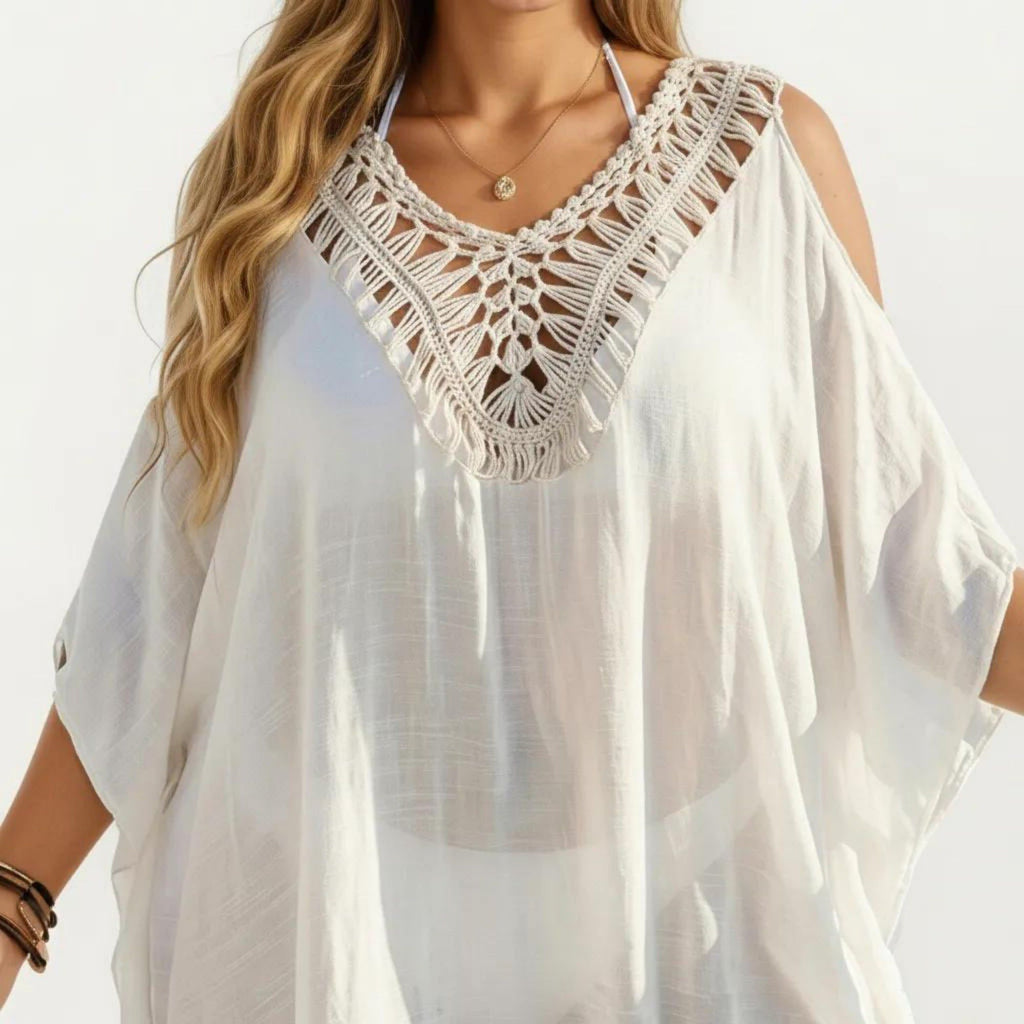 Anna-Kaci Women's Crochet V Neck Swim Cover Up Dress with Cold Shoulder Sleeves and Relaxed Fit