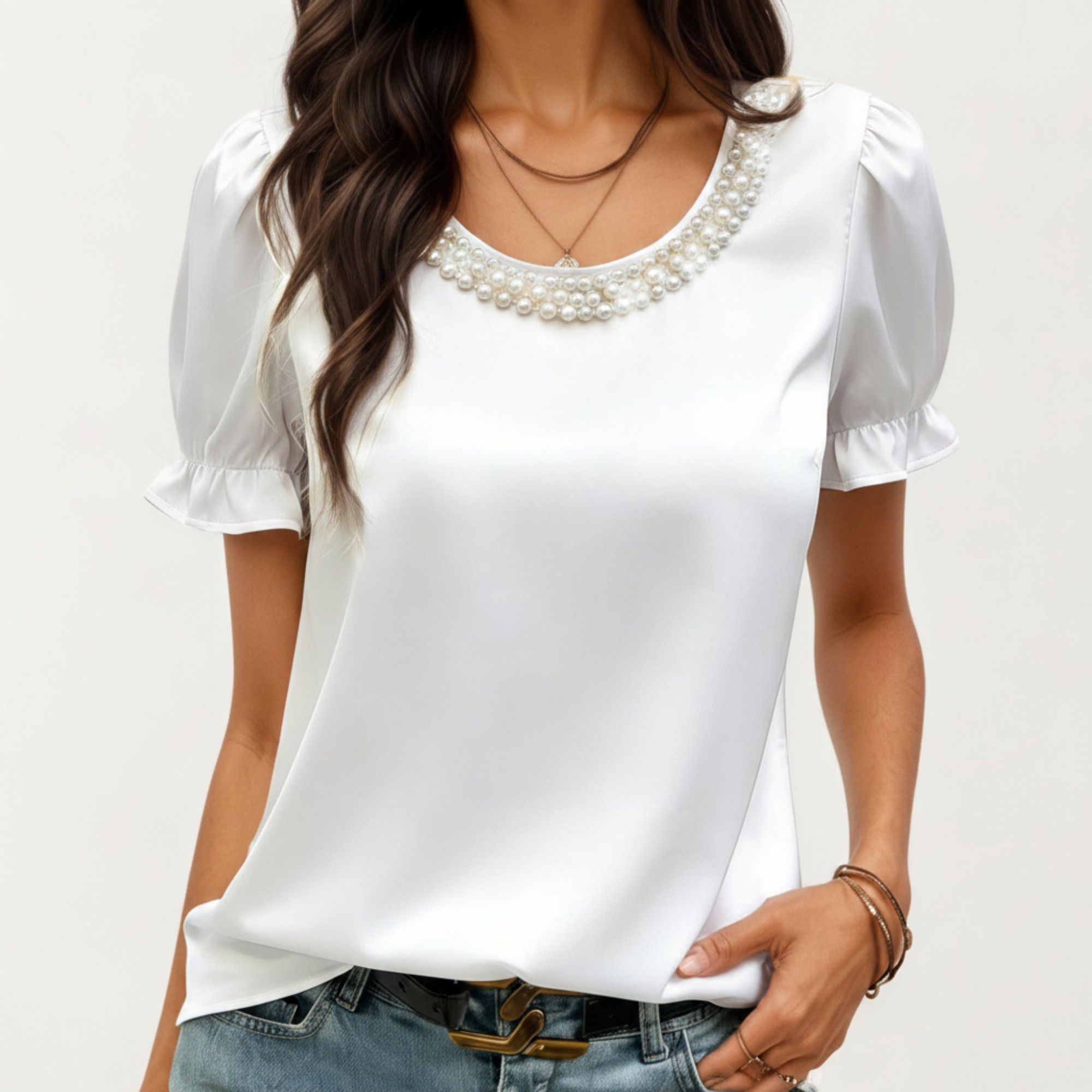 Anna-Kaci Women's Satin Faux Pearl Neck Top with Puff Sleeves and Smooth Draped Finish