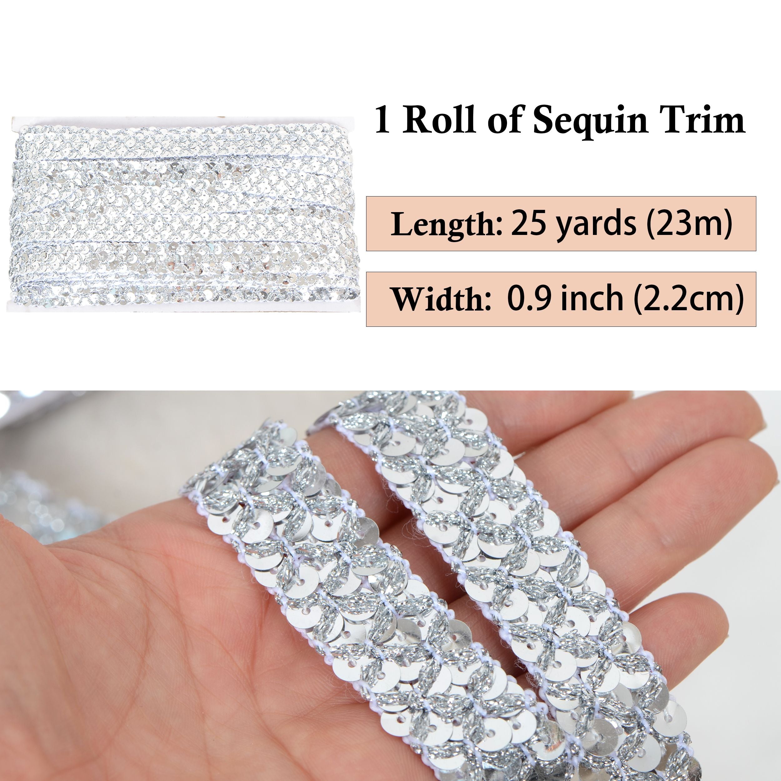 Sewing Sequin Trim 0.9 Inch 4 Row, 25 Yards Glitter Sequin Ribbon Metallic Stretch Bling Strip DIY Craft Decoration