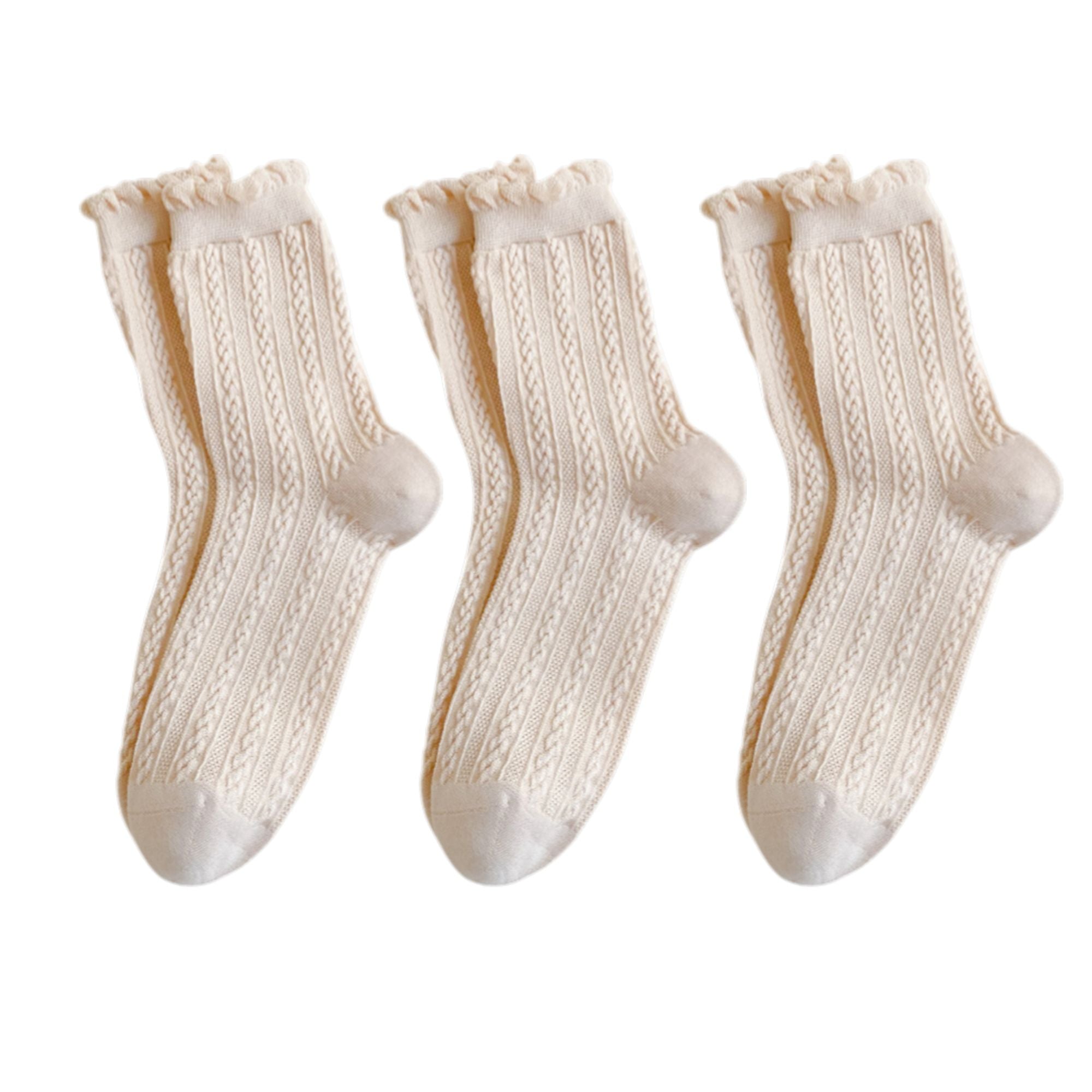 Anna-Kaci 3 Pairs Mid-Crew Cable Knit Socks with Ruffle Cuffs Soft Stretchy Vintage-Inspired Design
