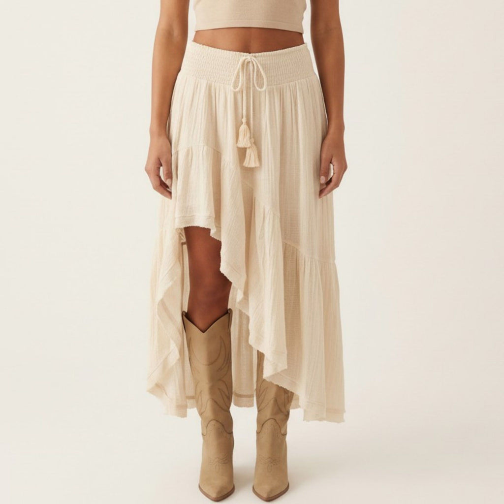 Anna-Kaci Women's High Low Maxi Skirt Smocked Waist Tassel Tie Flowy Tiered Boho Casual Skirt