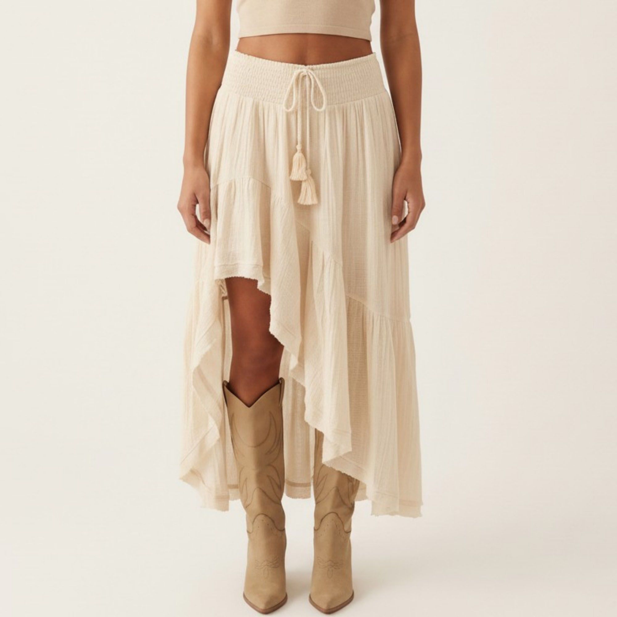 Anna-Kaci Women's High Low Maxi Skirt Smocked Waist Tassel Tie Flowy Tiered Boho Casual Skirt