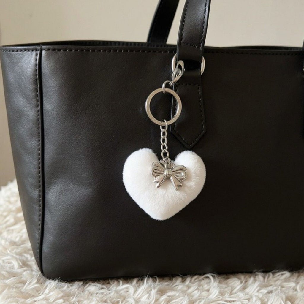 Plush Heart Keychain with Metal Clip and Bow Charm for Bags Backpacks Purses