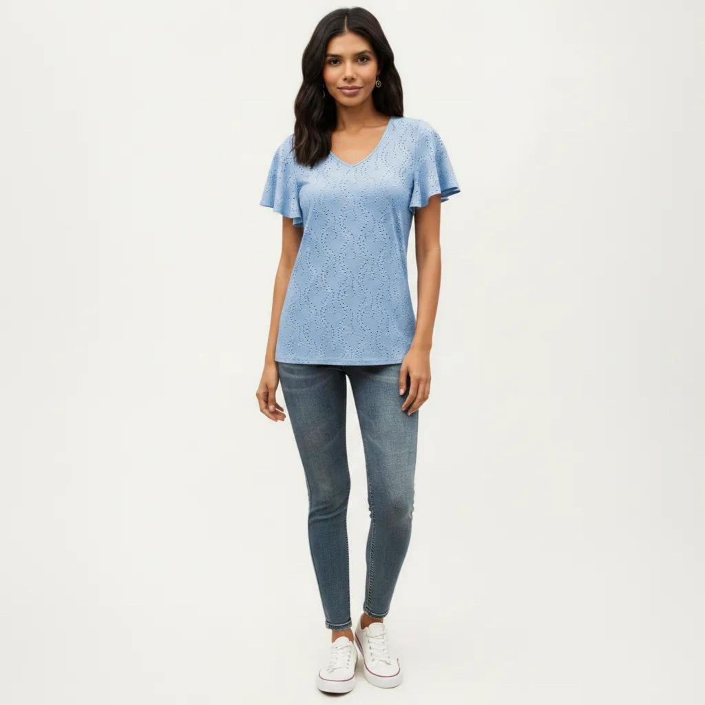 Anna-Kaci Women's Short Sleeve Eyelet V-Neck Top with Floral Embroidery and Flutter Sleeves