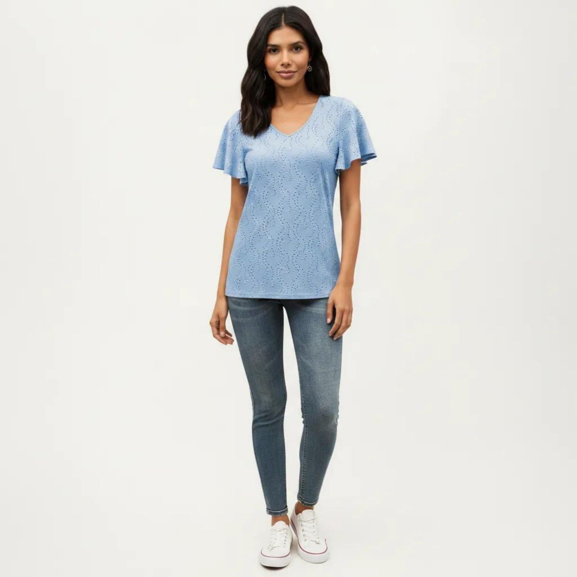Anna-Kaci Women's Short Sleeve Eyelet V-Neck Top with Floral Embroidery and Flutter Sleeves