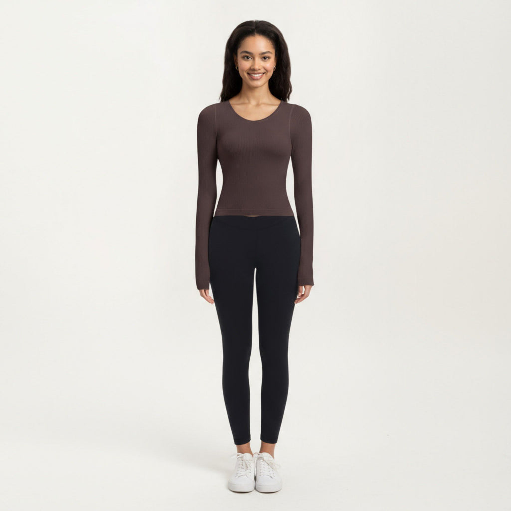 Anna-Kaci Active Women's Ribbed Long Sleeve Fitted Top with Crew Neck and Thumbhole Cuffs