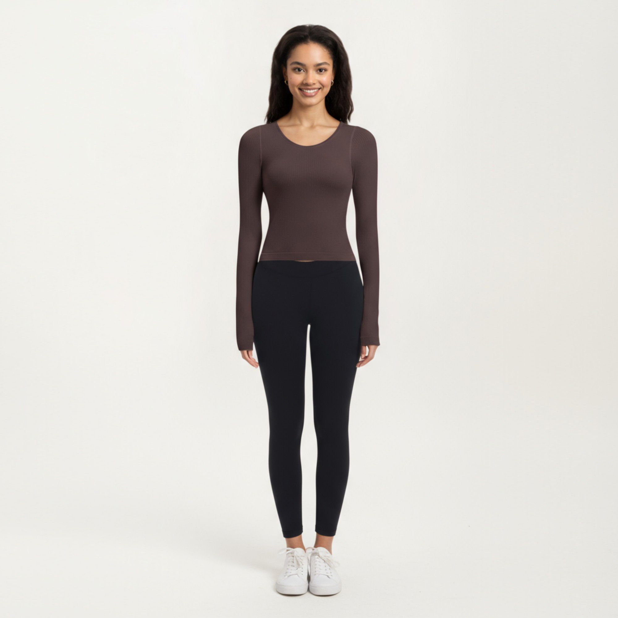 Anna-Kaci Active Women's Ribbed Long Sleeve Fitted Top with Crew Neck and Thumbhole Cuffs