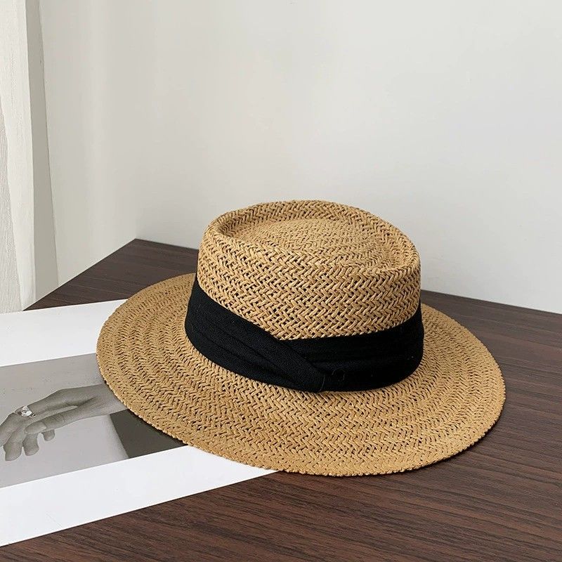 Straw Boater Hat Flat Top Wide Brim Summer Beach Sun Hat Lightweight