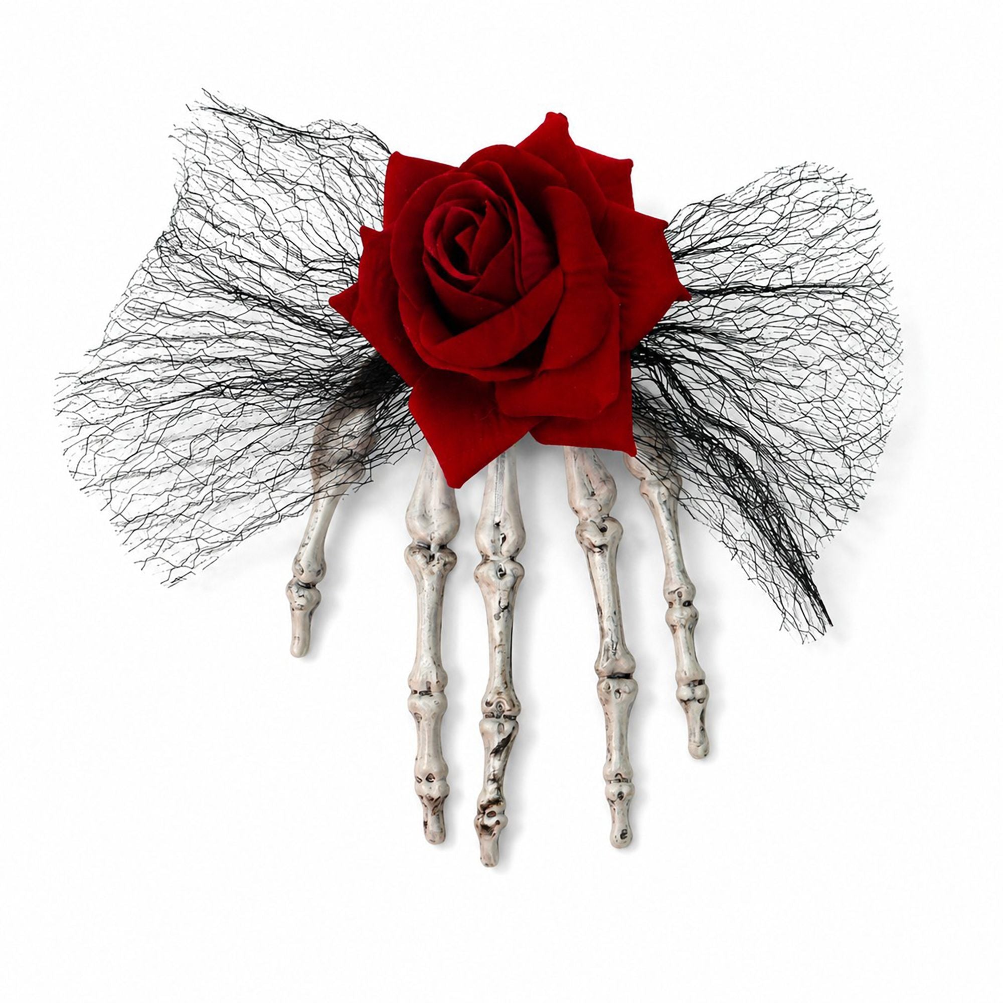 Skeleton Hand Pet Hair Clip with Red Rose and Black Lace
