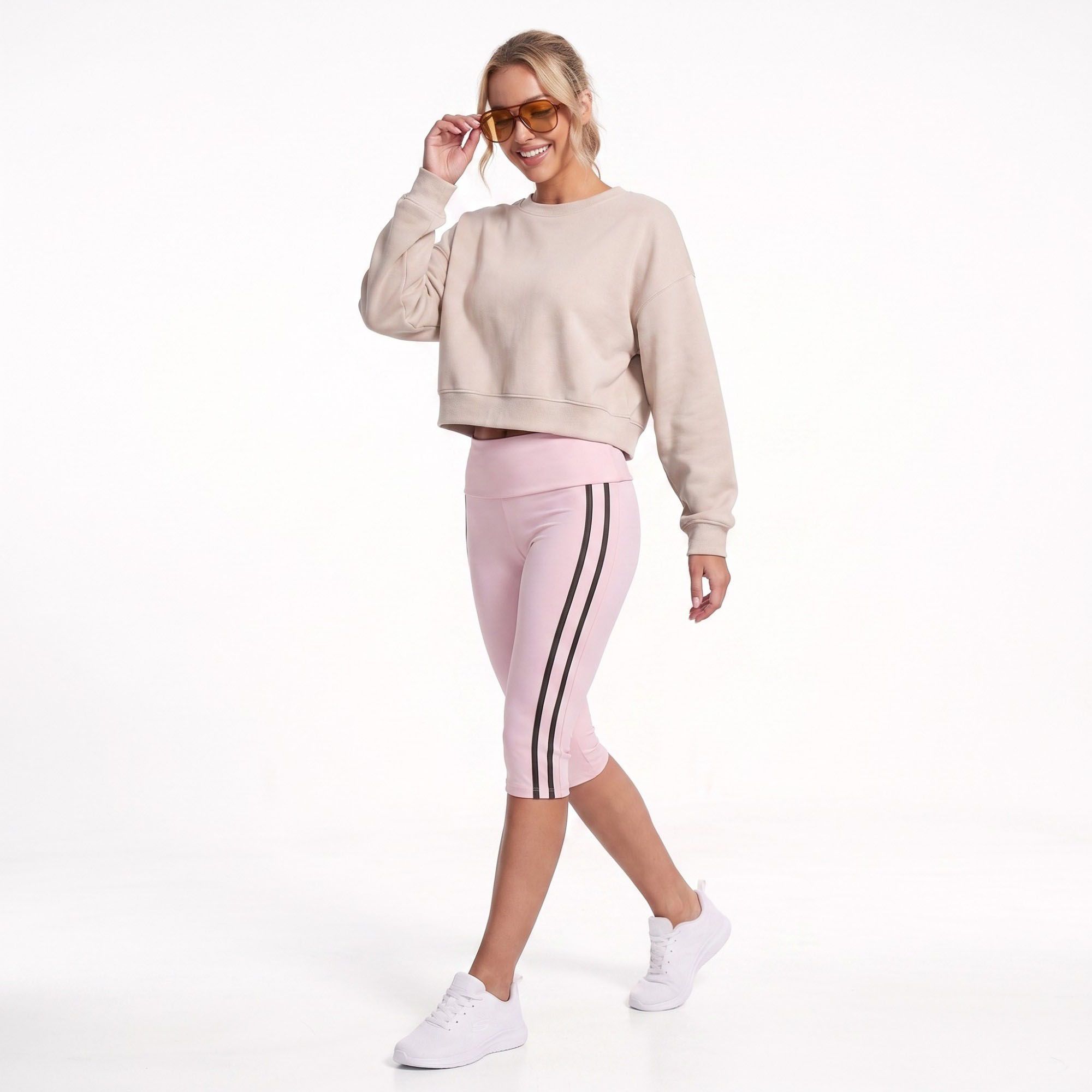 Foldover Waist Capri Leggings with Contrast Side Stripes