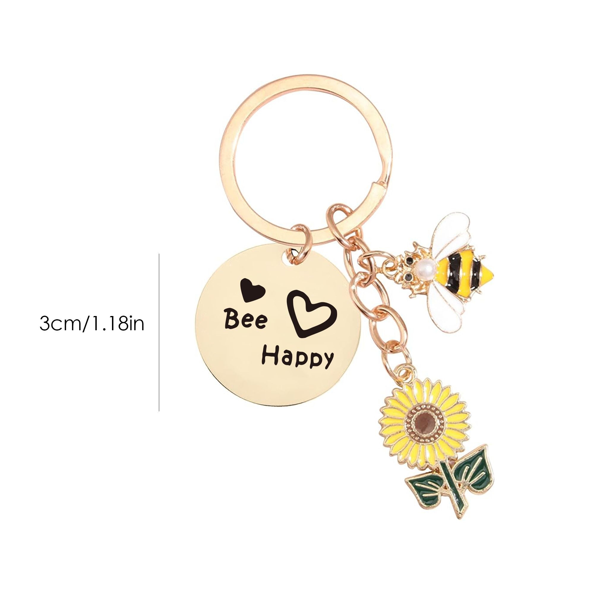 2 Pack Bee Happy Sunflower Keychain with Bee Charm Round Tag and Key Ring Bag Accessory