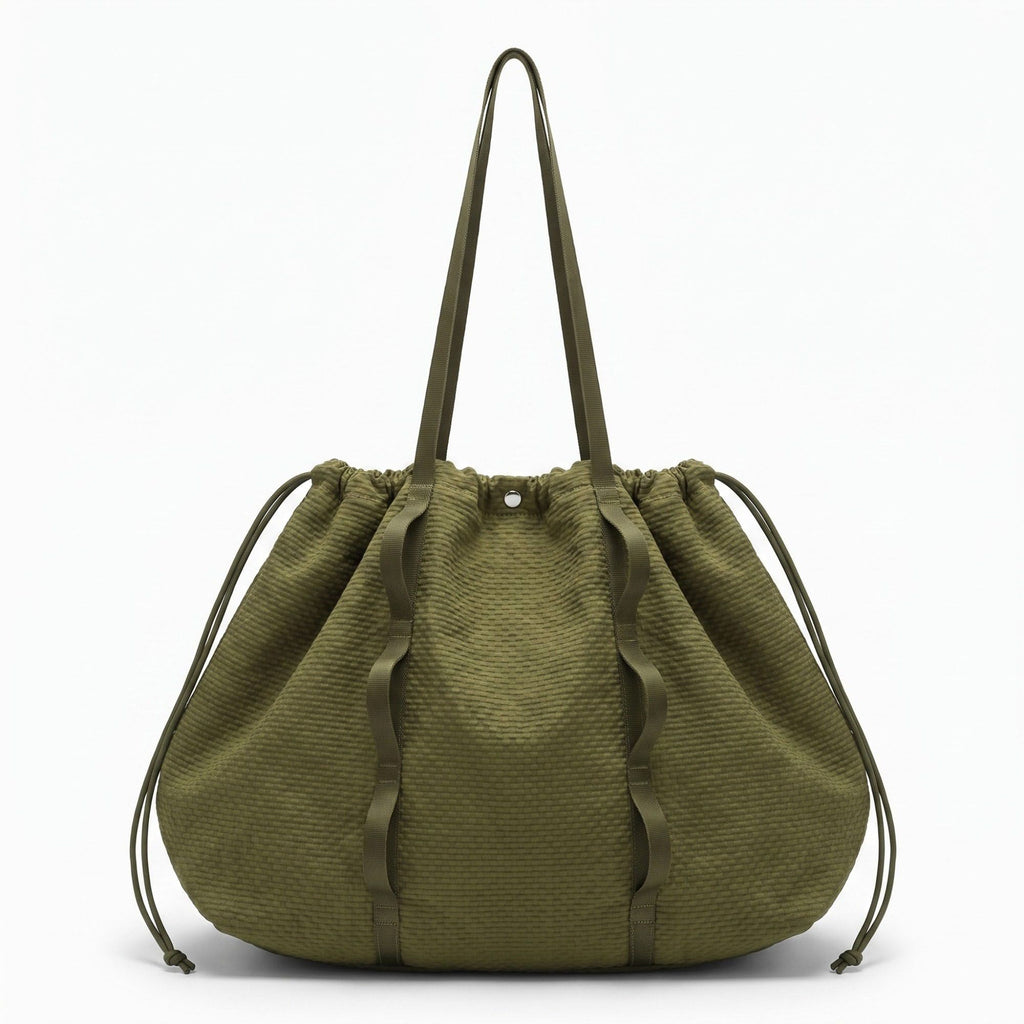 Textured Drawstring Tote Bag with Long Shoulder Straps and Ruffled Trim 13x15.5x5.5in