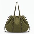 Textured Drawstring Tote Bag with Long Shoulder Straps and Ruffled Trim 13x15.5x5.5in