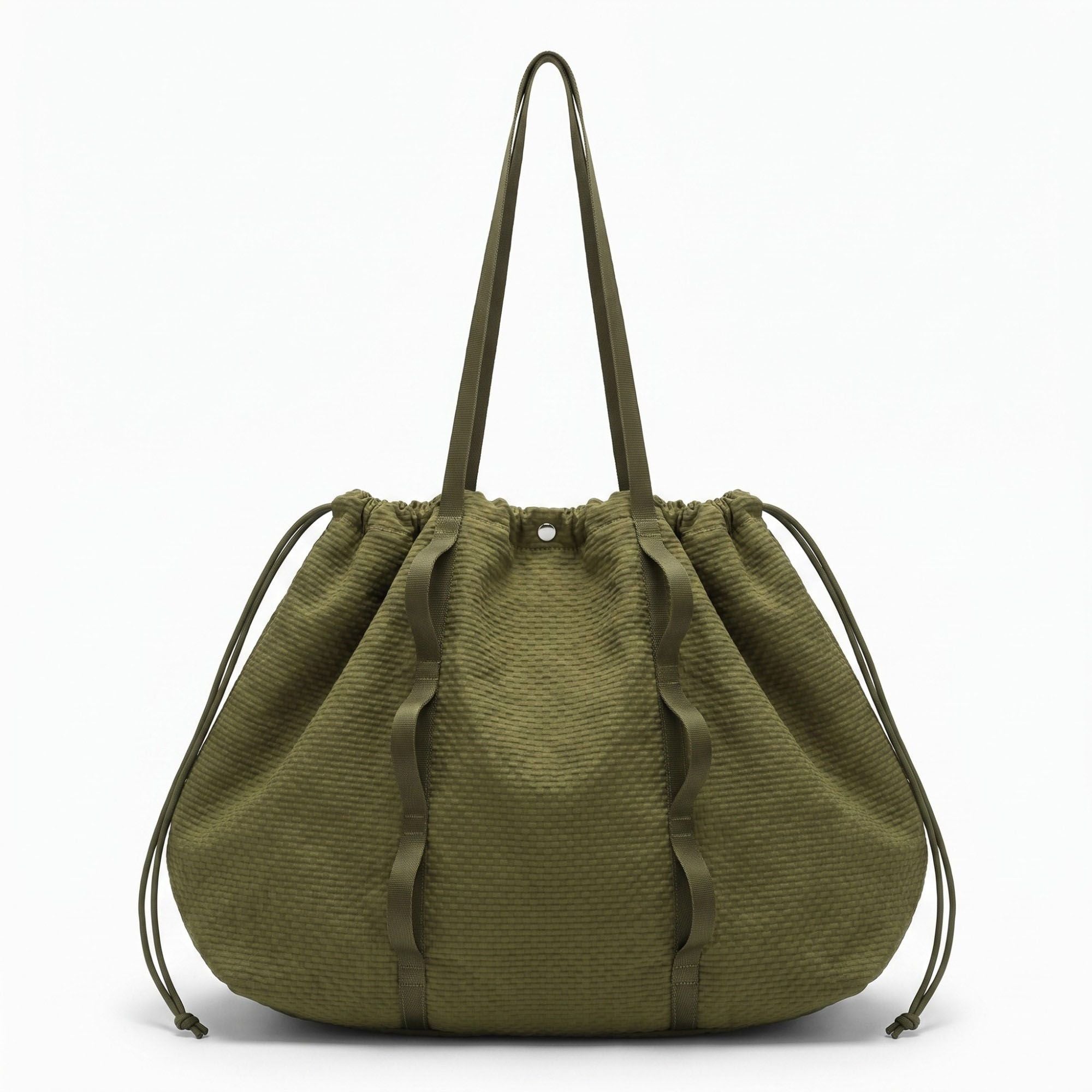 Textured Drawstring Tote Bag with Long Shoulder Straps and Ruffled Trim 13x15.5x5.5in