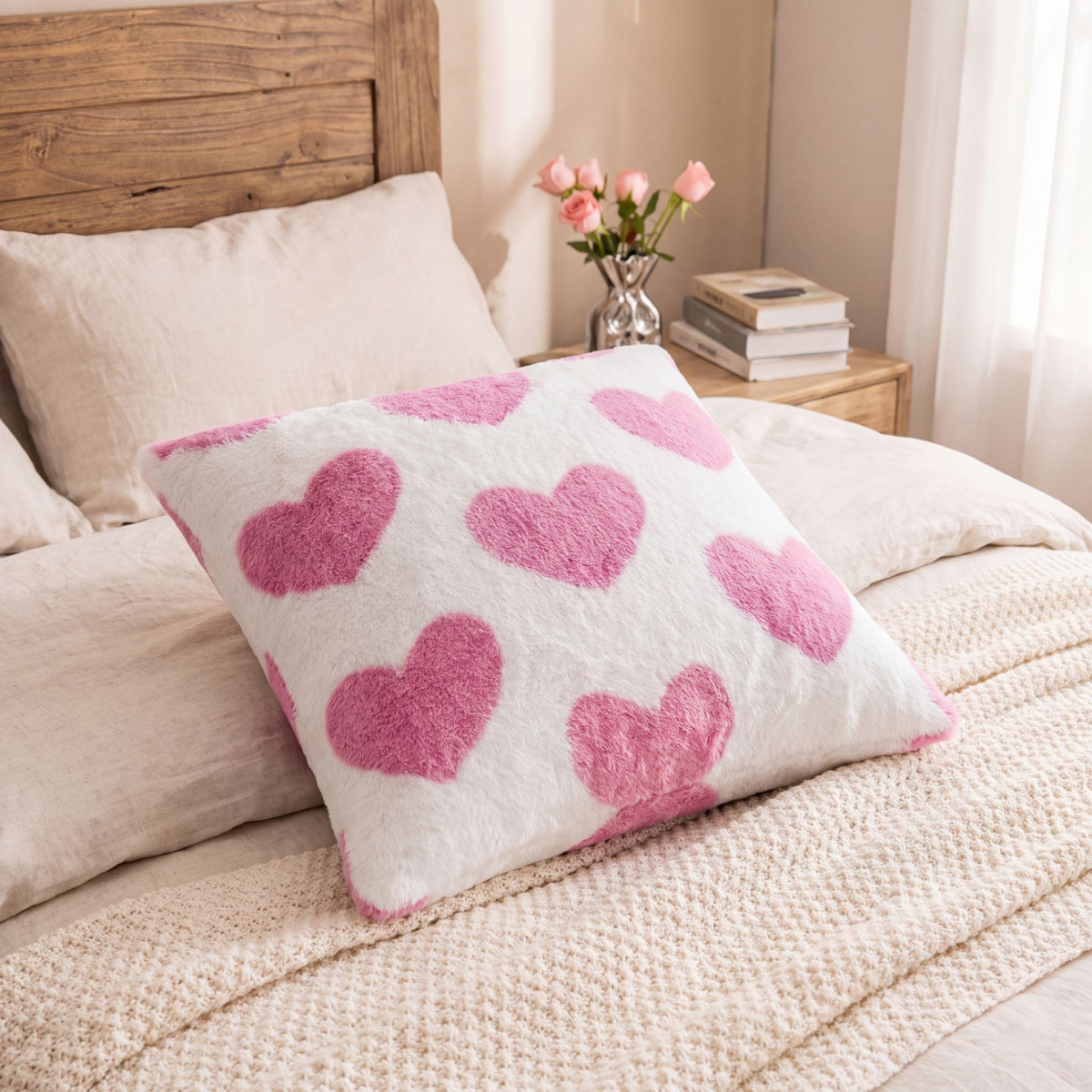 Pink Heart Plush Throw Pillow Cover Decorative Square Cushion Cover for Sofa Couch Bed