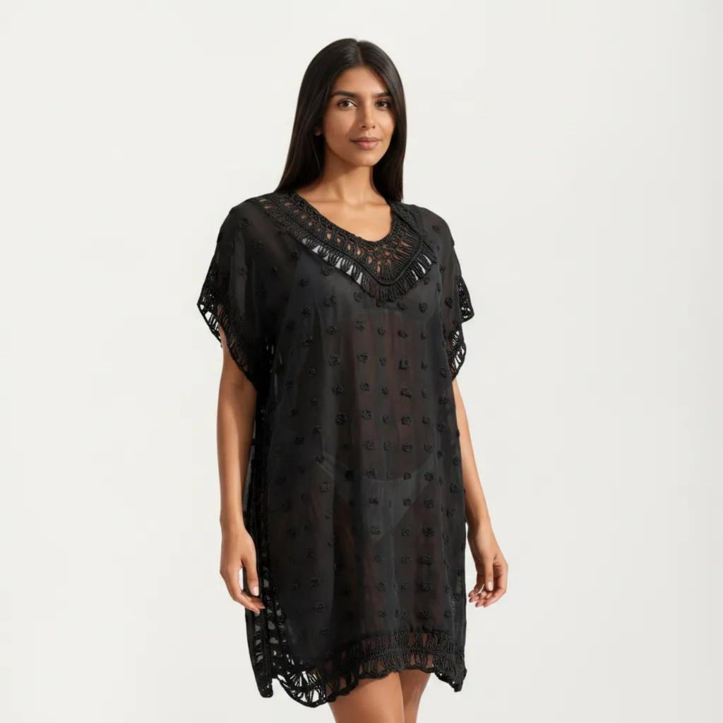 Anna-Kaci Women's Sheer Crochet Trim Cover Up Dress with Tassel Detail Relaxed Fit and Short Sleeves