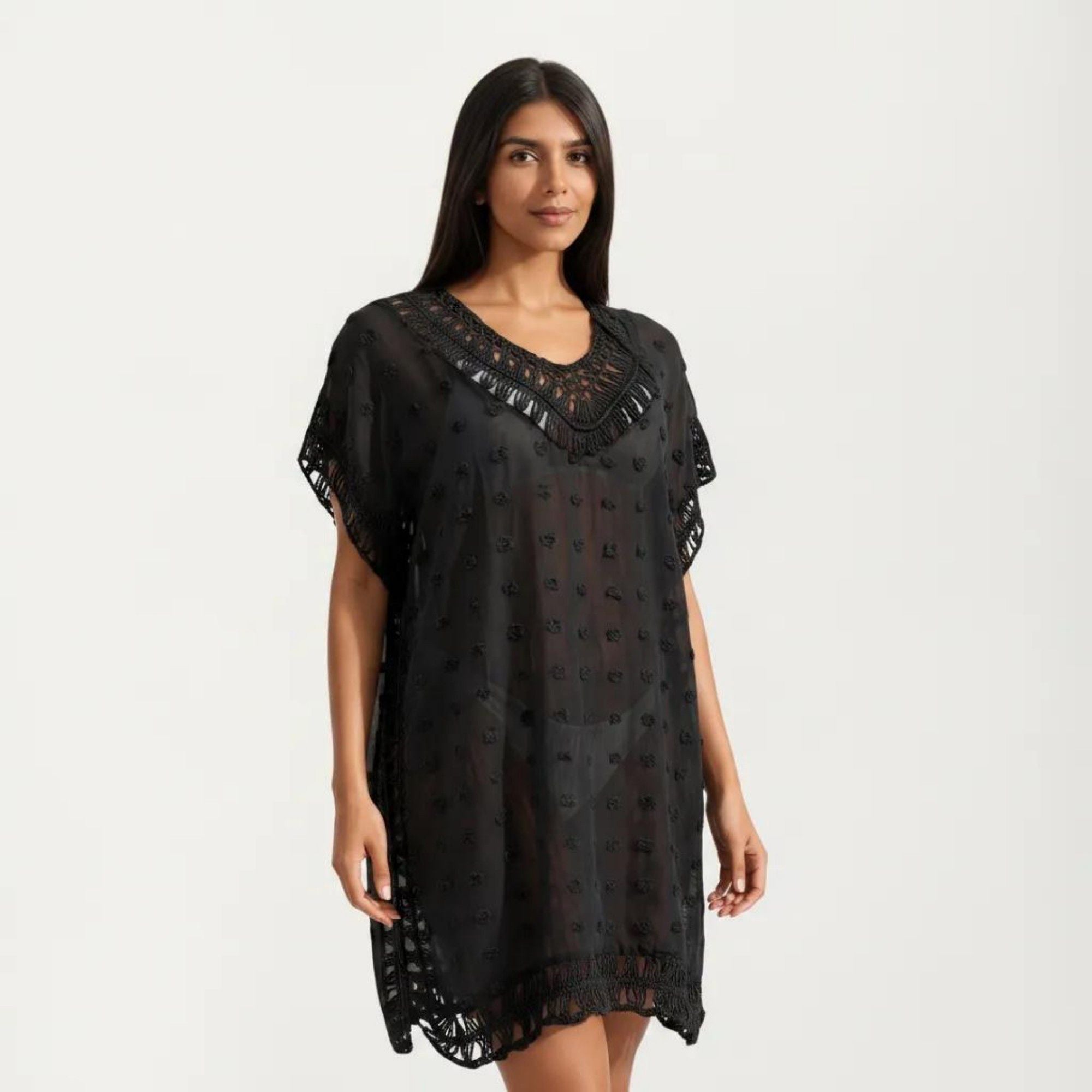 Anna-Kaci Women's Sheer Crochet Trim Cover Up Dress with Tassel Detail Relaxed Fit and Short Sleeves