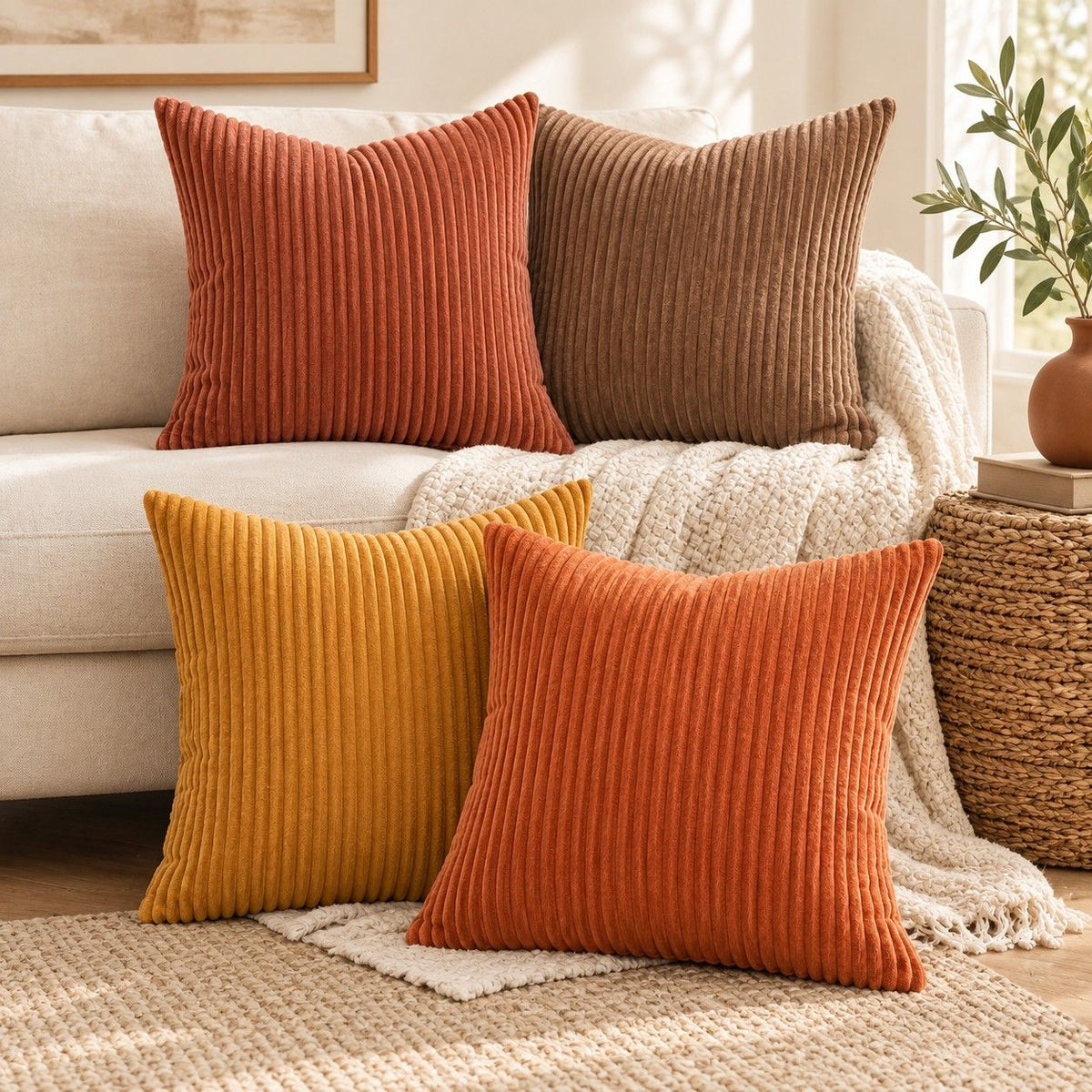 4 Pack Corduroy Throw Pillow Covers 18 x 18 Inch Wide Stripe Texture