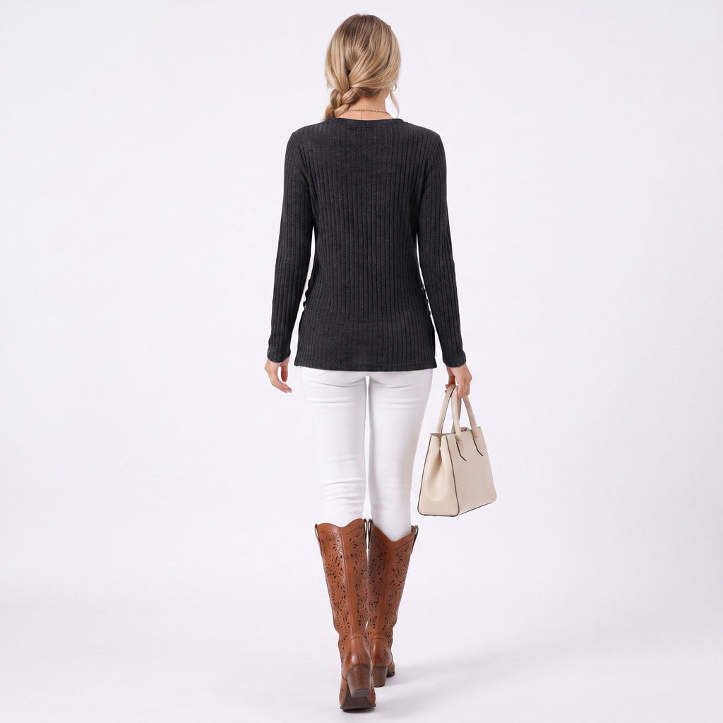 Ribbed Crew Neck Side Slit Long Sleeve Tunic Top