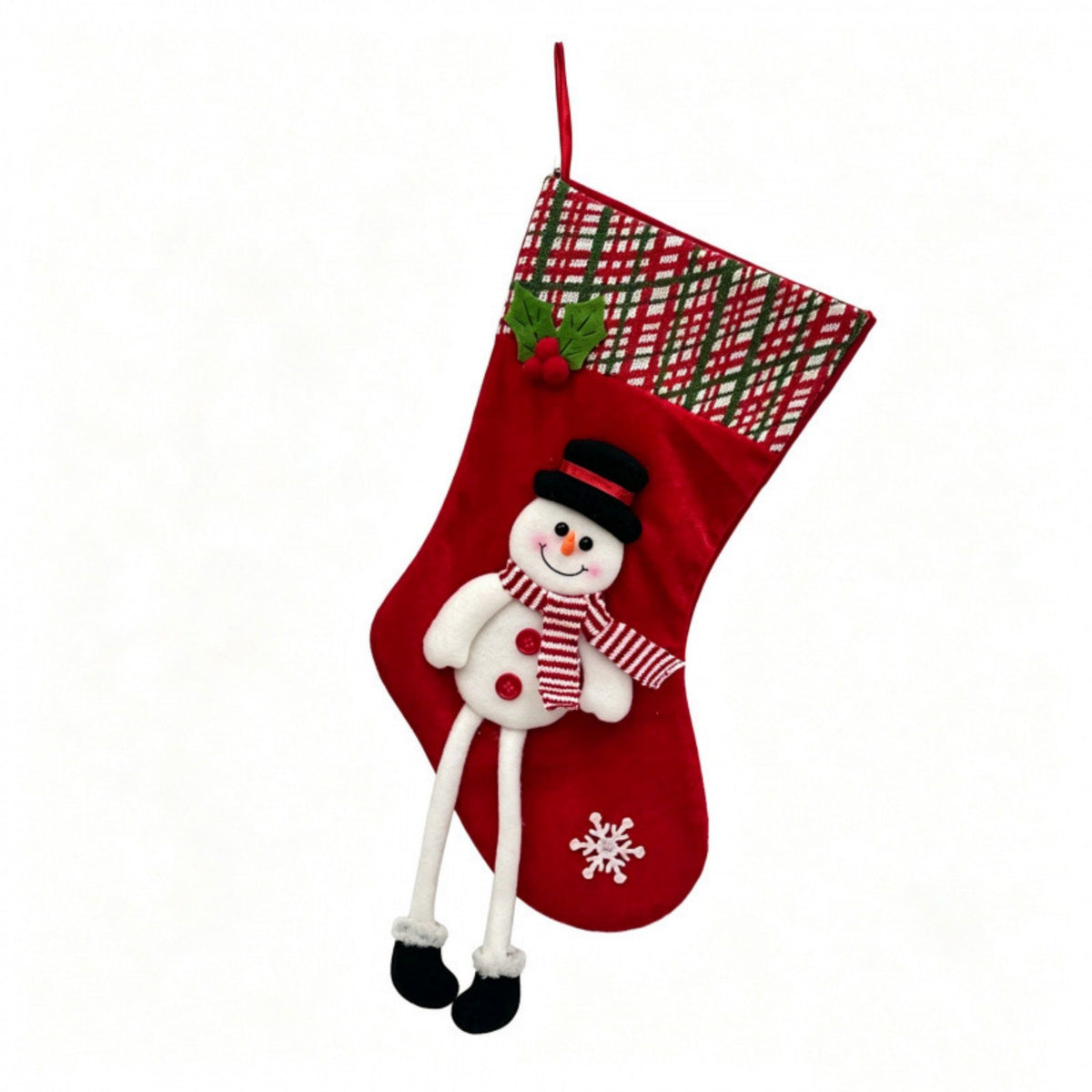 1 Piece Christmas Stocking with Plush Character and Plaid Cuff Hanging Holiday Decoration