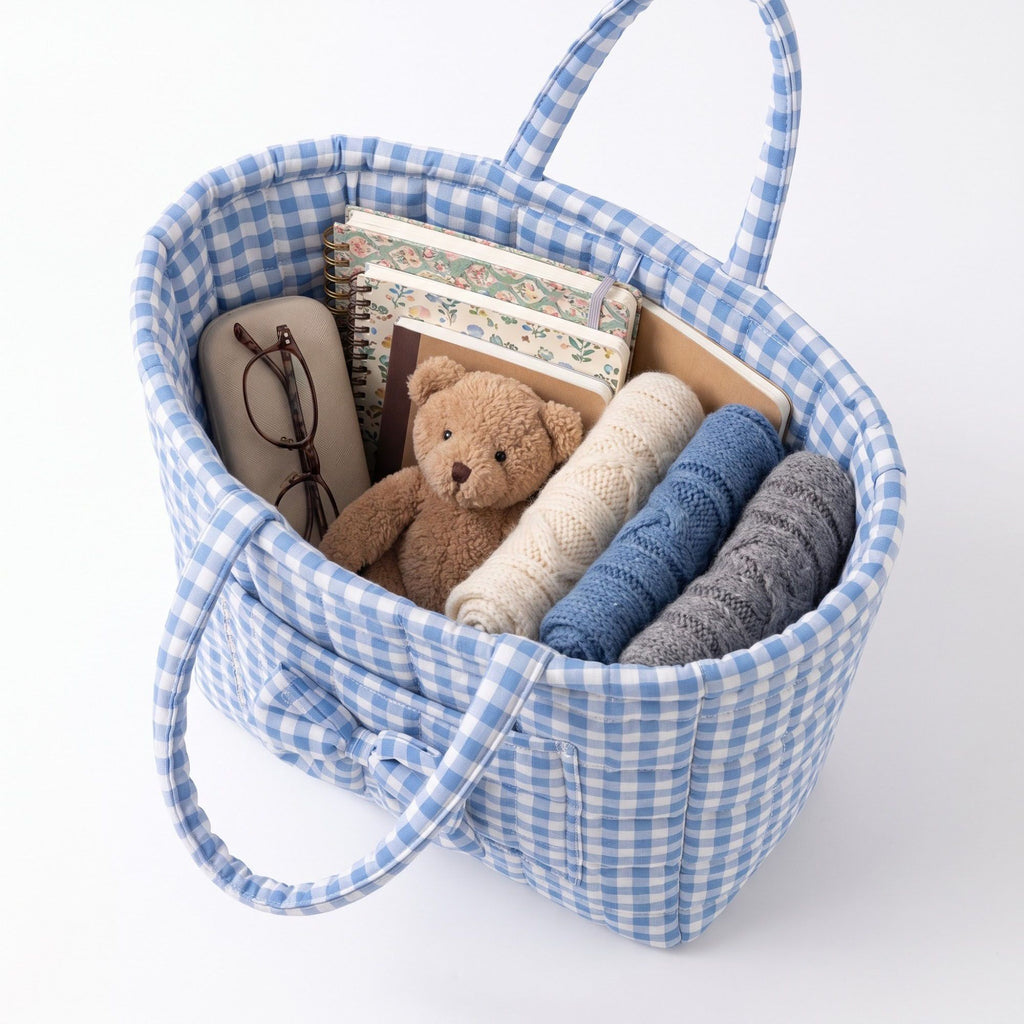 Quilted Gingham Storage Basket with Handles and Bow