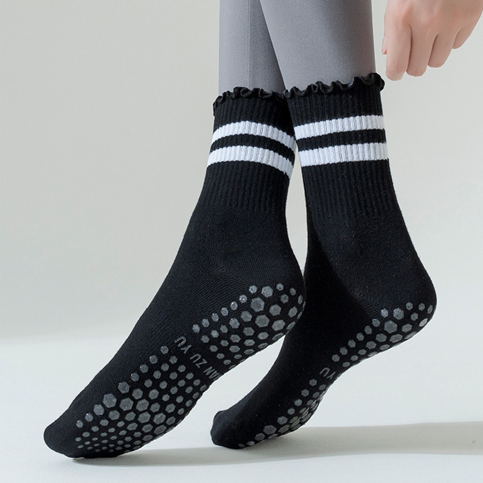 Anna-Kaci Women's 2-Pack Non-Slip Athletic Crew Socks with Ruffle Cuff and Stripe Detail Soft Stretch Fit