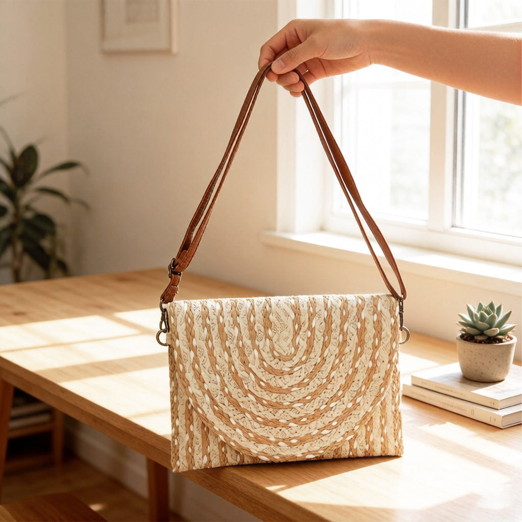 Woven Straw Crossbody Clutch Bag with Flap Closure Adjustable Strap Lightweight Shoulder Handbag
