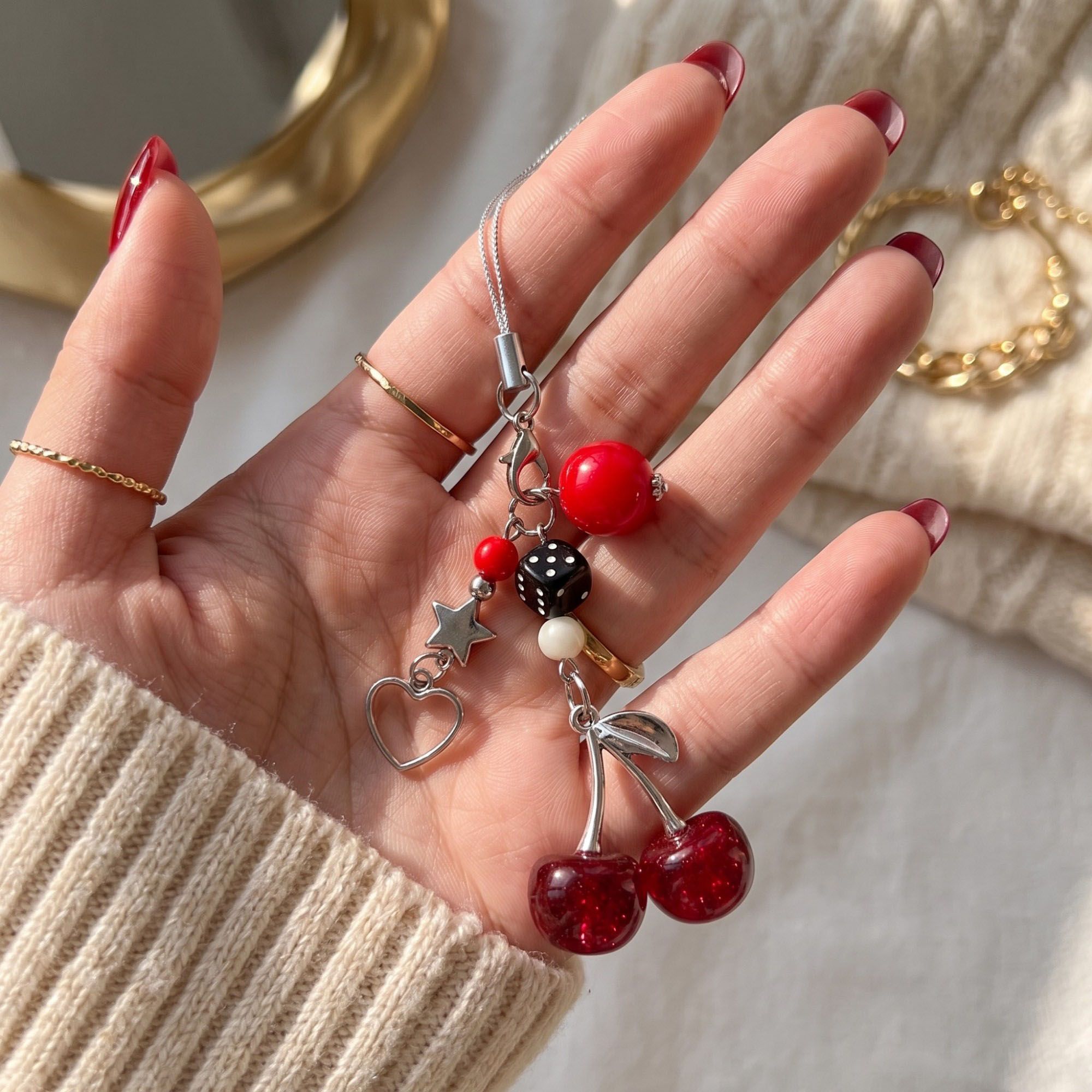 2-Piece Womens Beaded Phone Charm with Hanging Loop and Decorative Accents