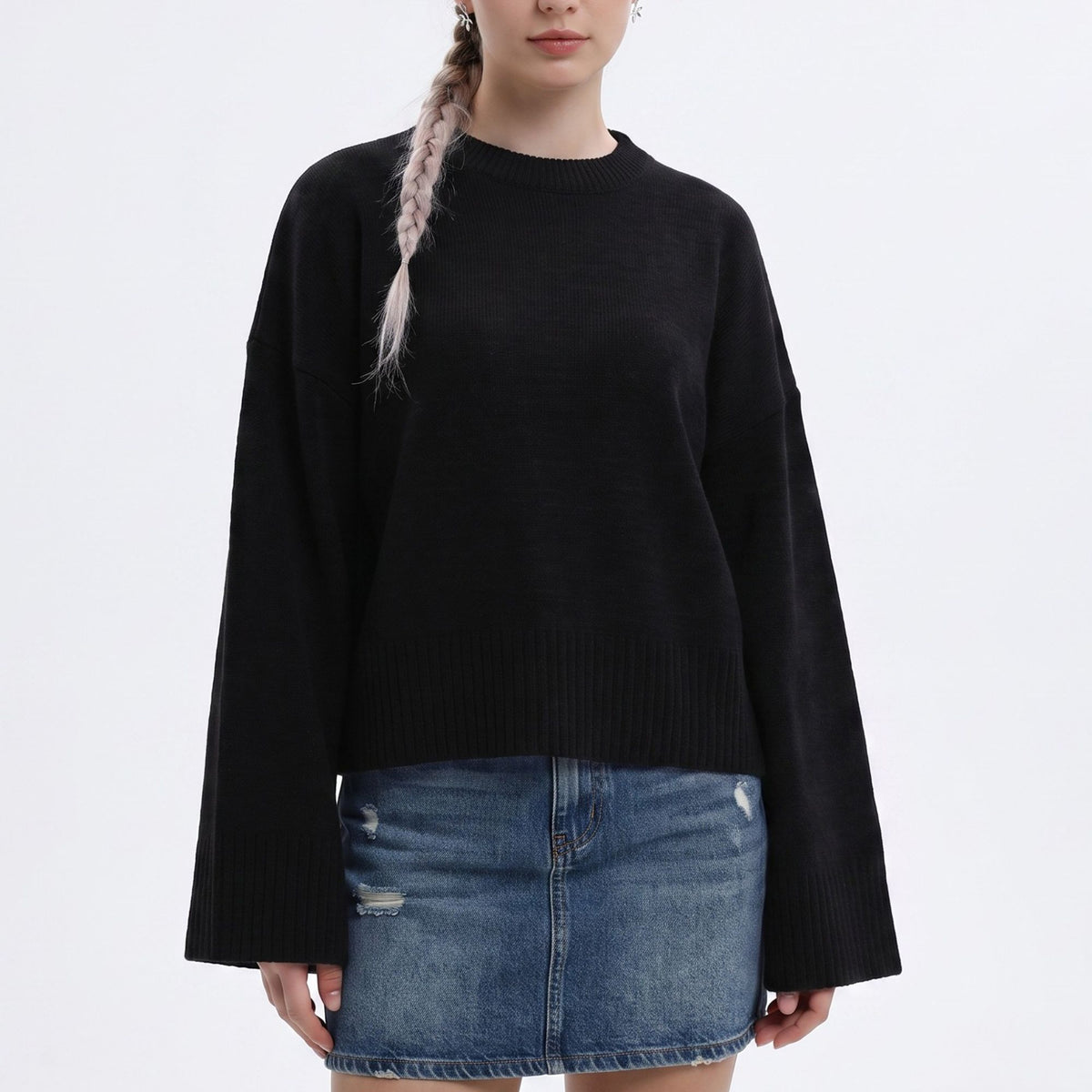 Oversized Crewneck Knit Sweater with Flared Sleeves