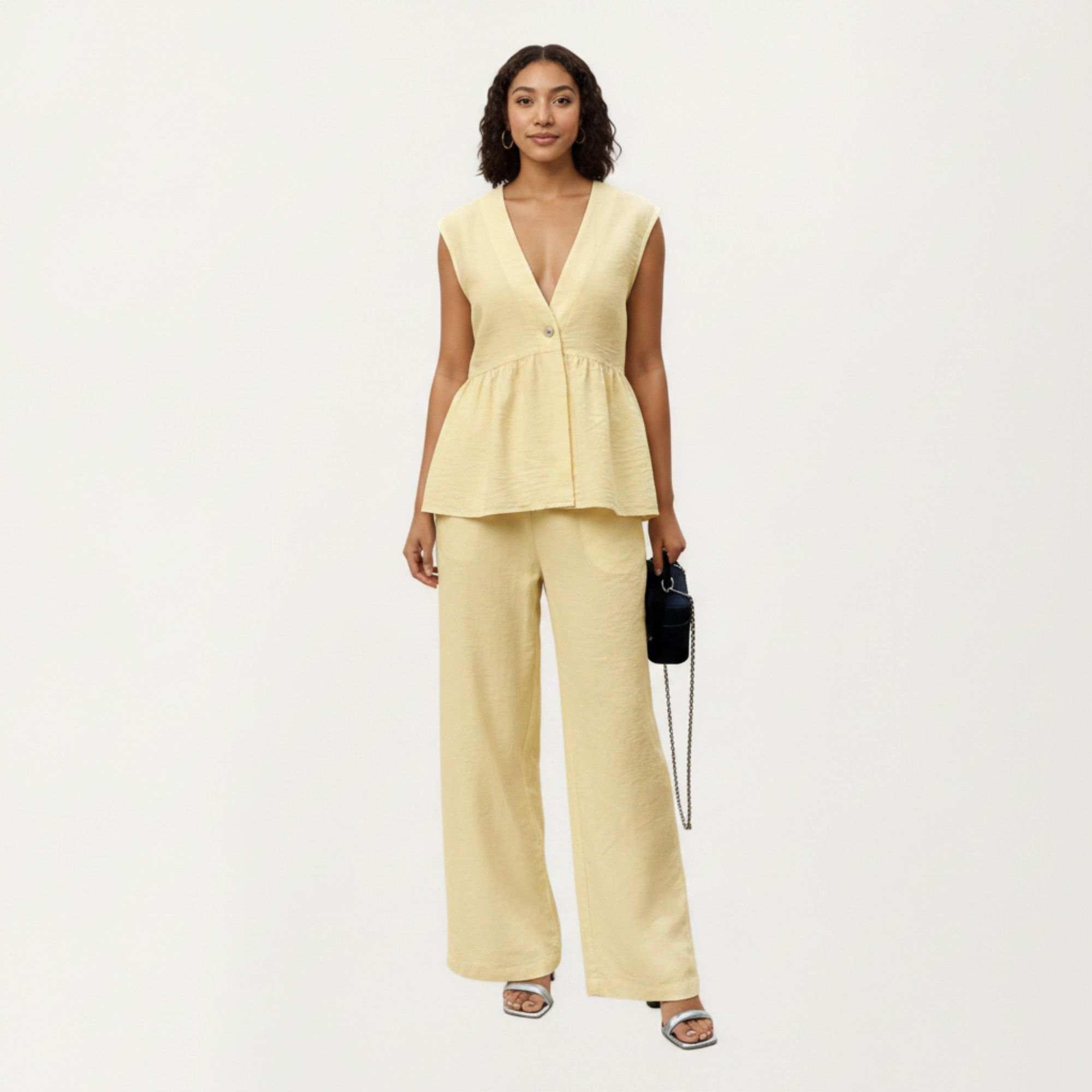 Anna-Kaci Women's 2-Piece Sleeveless V-Neck Peplum Top and Wide Leg Pant Set