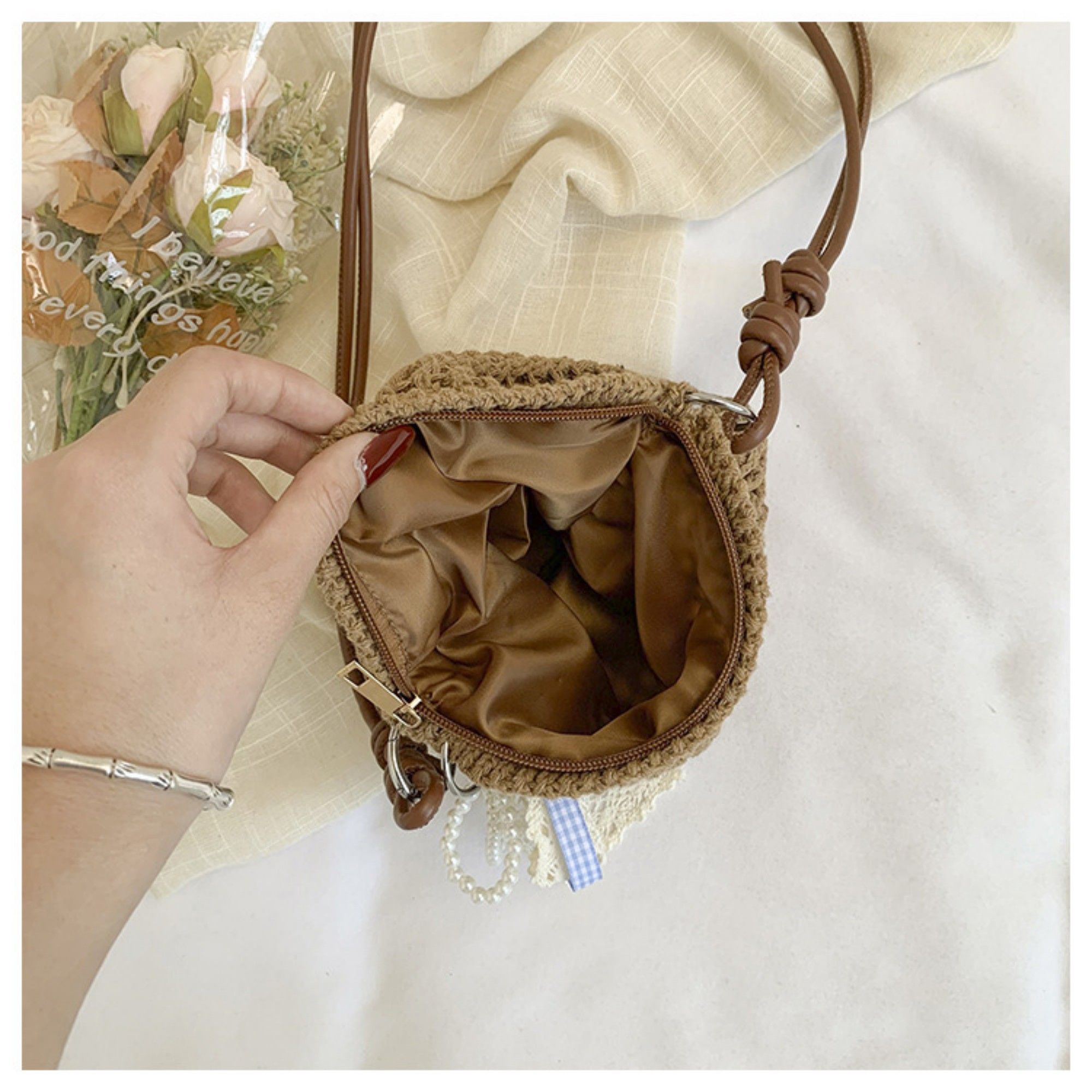 Women's Woven Net Shoulder Bag with Long Strap and Zipper Closure