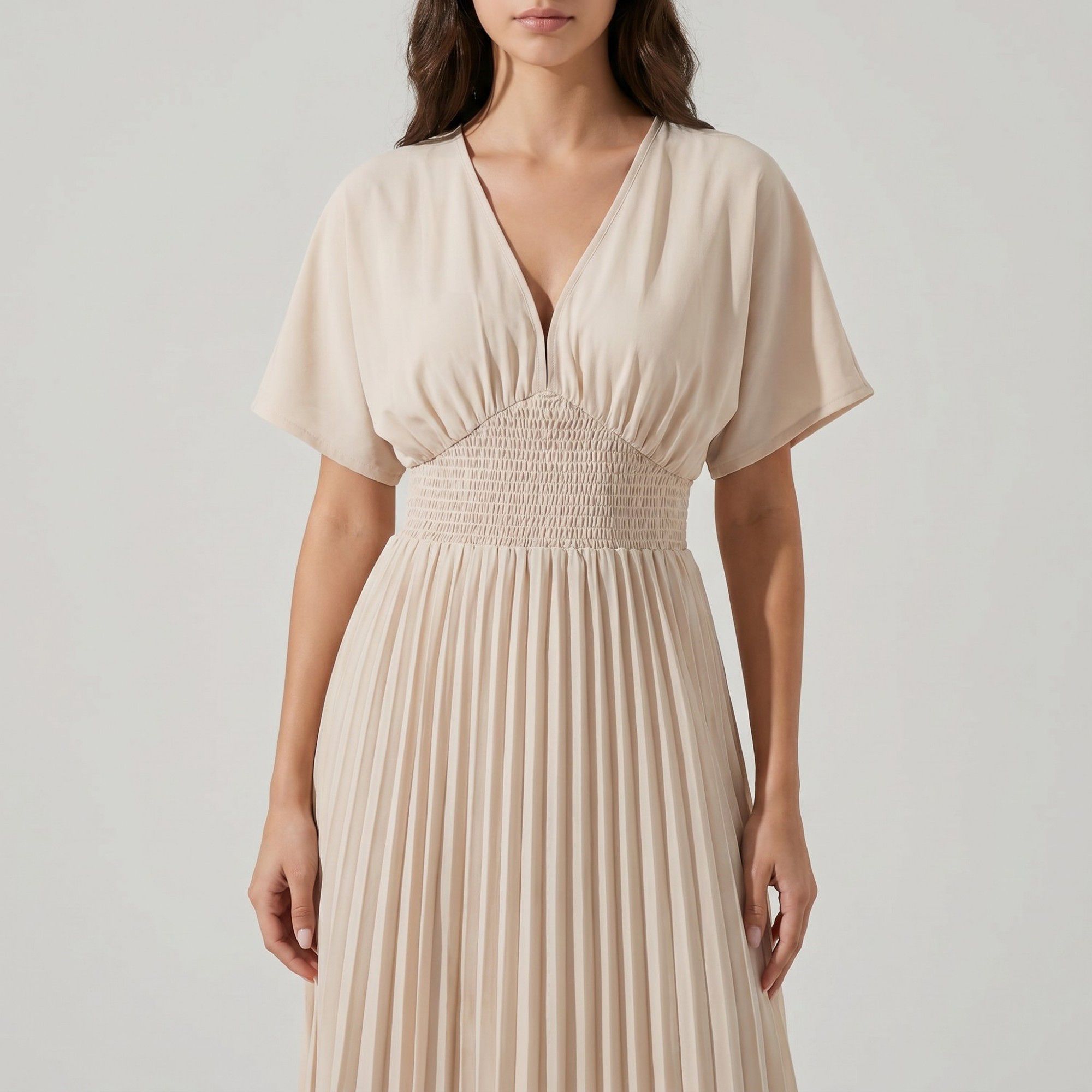 Pleated Maxi Dress with V-Neckline Short Flutter Sleeves Smocked Waist and Flowy A-Line Skirt