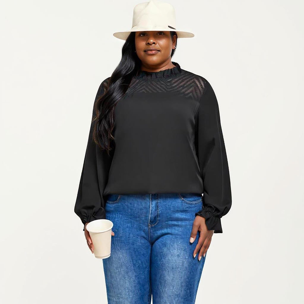 Anna-Kaci Women's Plus Size Long Sleeve High Neck Pullover Blouse with Textured Sheer Yoke and Gathered Cuffs