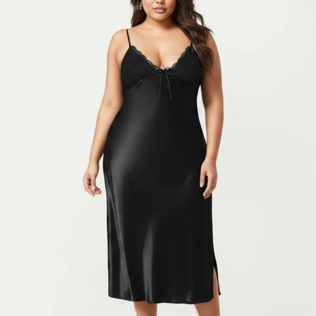 Anna-Kaci Lounge Women's Plus Size Satin Chemise Nightgown with Lace Trim Neckline Adjustable Straps Side Slit Slip Dress