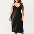 Anna-Kaci Lounge Women's Plus Size Satin Chemise Nightgown with Lace Trim Neckline Adjustable Straps Side Slit Slip Dress