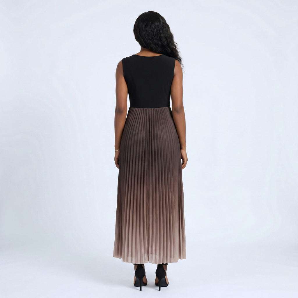 Anna-Kaci Women's Sleeveless High Neck Pleated Ombre A-Line Maxi Dress with Flowy Skirt